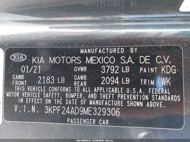 3KPF24AD9ME329306 KIA mpi nu