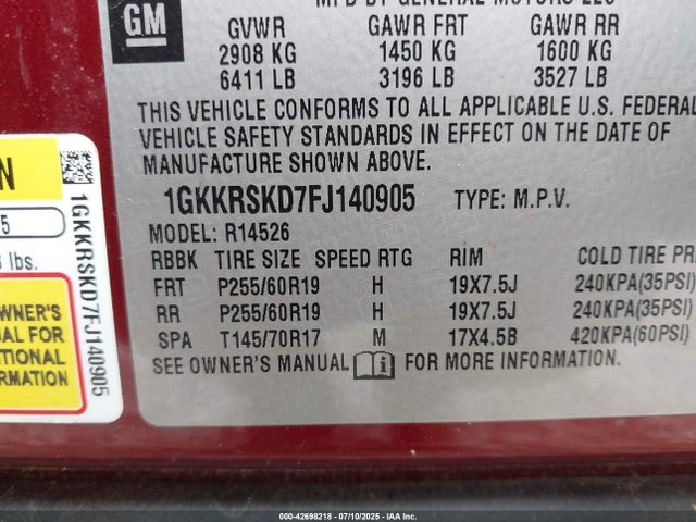 1GKKRSKD7FJ140905 GMC llt