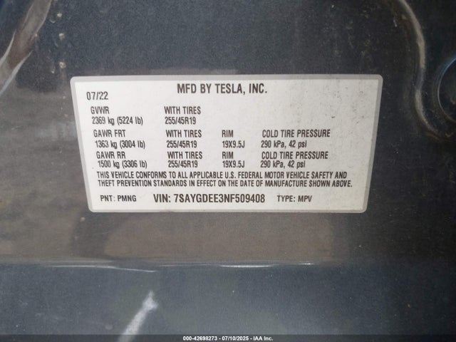 2022 TESLA MODEL Y 7SAYGDEE3NF509408 Photo 8