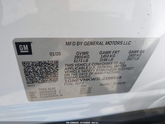 1GNEVHKW3LJ196514 Chevrolet lfy - spark ignited direct injection, atss, gen 1