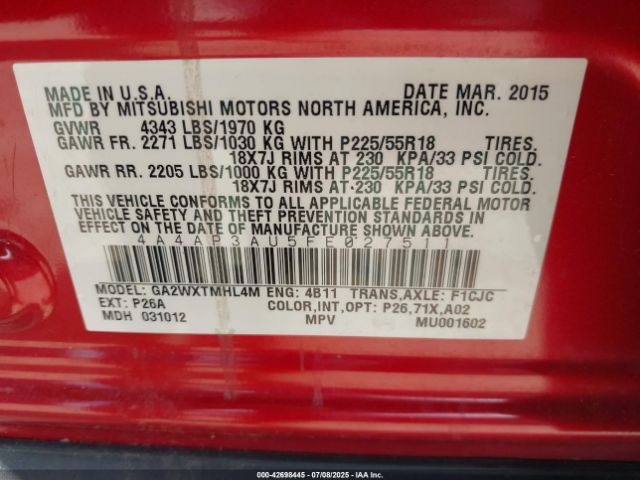2015 MITSUBISHI OUTLANDER SPORT 4A4AP3AU5FE027511 Photo 8