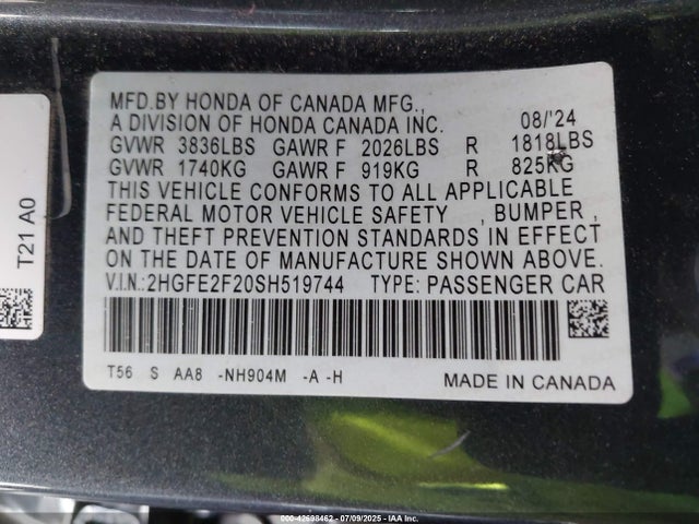 Honda k20c9 2025 2HGFE2F20SH519744 Image 9