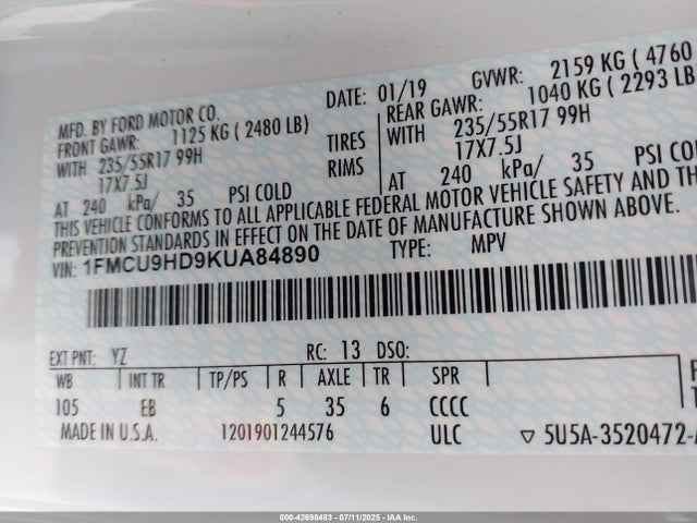 1FMCU9HD9KUA84890 Ford 1.5l gtdi sigma w/premium fuel