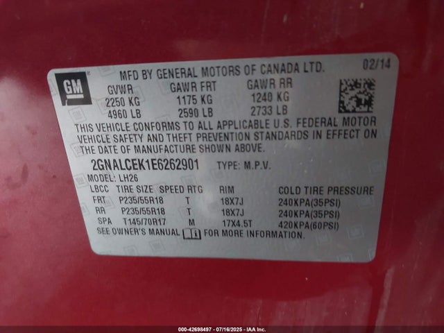 2GNALCEK1E6262901 Chevrolet lea - flex fuel (gas/alc), aluminum, high output
