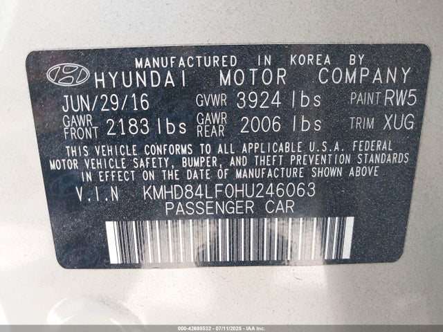KMHD84LF0HU246063 Hyundai 2017