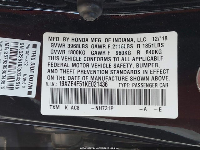 19XZE4F51KE021436 Honda leb6
