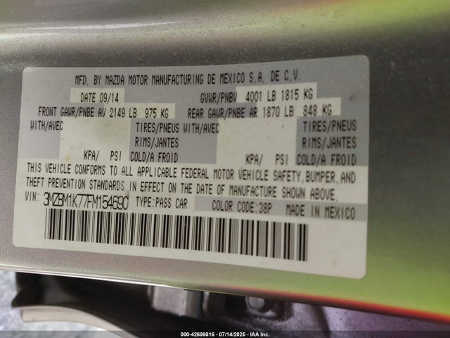 2015 Mazda Mazda3 I Sport მანქანა იყიდება აუქციონზე, vin: 3MZBM1K77FM154690, აუქციონის ნომერი: 42698816
