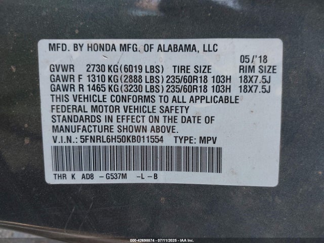 5FNRL6H50KB011554 Honda j35y7