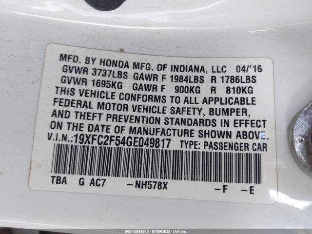 Honda k20c2 2016 19XFC2F54GE049817 Image 9