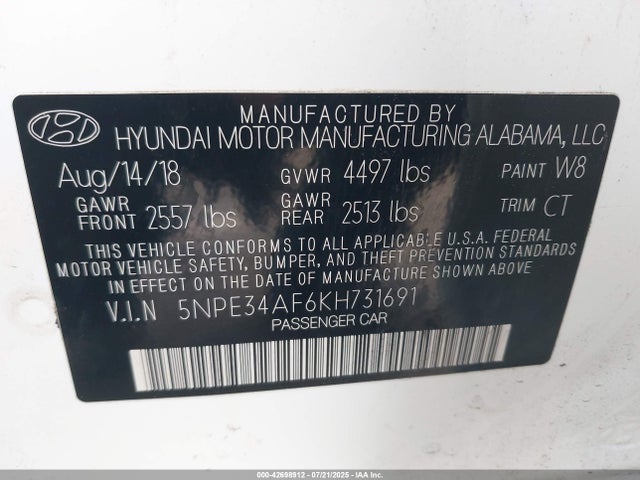 5NPE34AF6KH731691 Hyundai gdi theta-ii