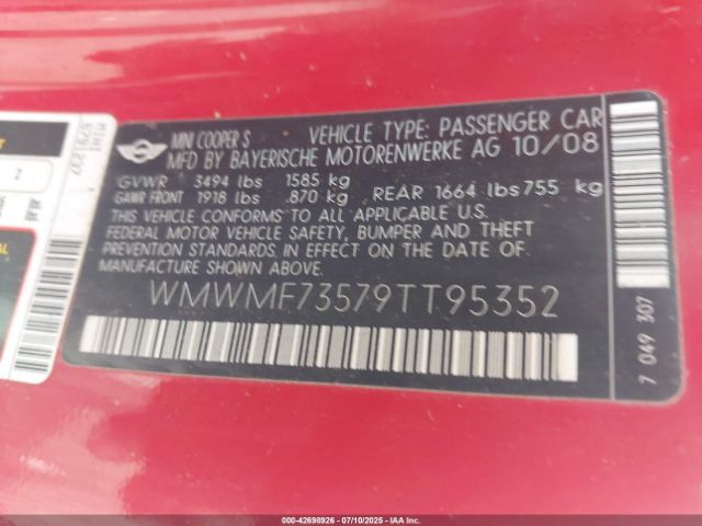 2009 MINI COOPER S WMWMF73579TT95352 Photo 8