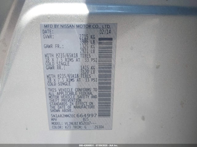 Nissan 2014 2014 5N1AR2MM2EC664997 Image 9