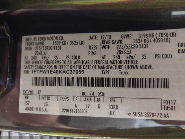 1FTFW1E40KKC37055 Ford gtdi