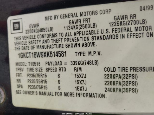 1999 GMC JIMMY 1GKCT18W9XK514581 Photo 8