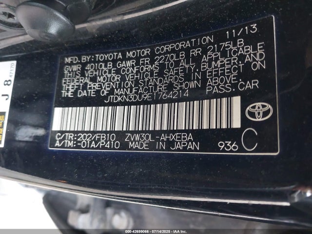 JTDKN3DU9E1764214 Toyota 2zr-fxe+3jm