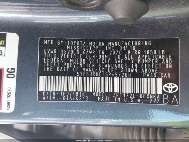 5YFBURHE1GP457269 Toyota 2zr-fe