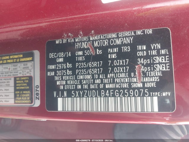 5XYZUDLB4FG259075 Hyundai dohc gdi theta ii