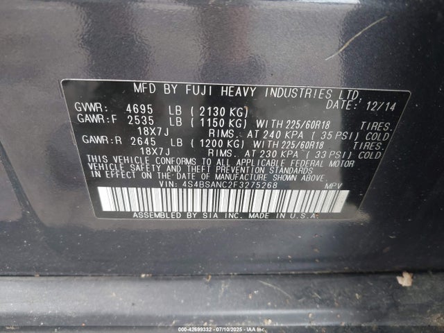 4S4BSANC2F3275268 Subaru 2.5l u5