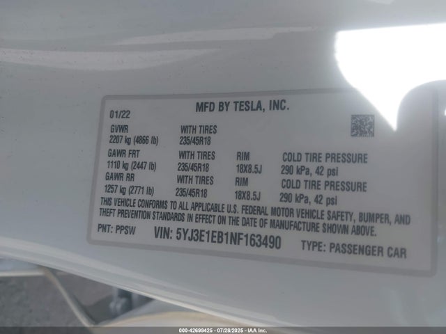 2022 TESLA MODEL 3 5YJ3E1EB1NF163490 Photo 8