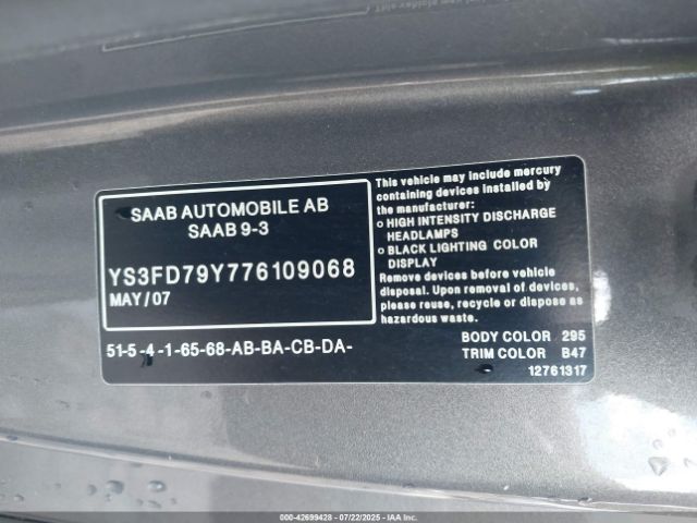 2007 SAAB 9-3 YS3FD79Y776109068 Photo 8