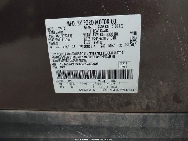 1FM5K8D80GGC37289 Ford 2016