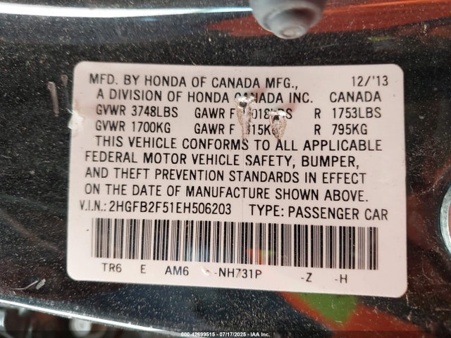 Honda r18z1 2014 2HGFB2F51EH506203 Image 9