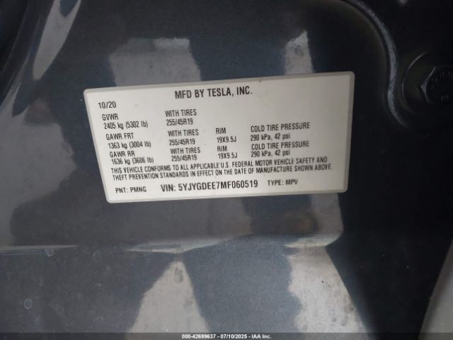 2021 TESLA MODEL Y 5YJYGDEE7MF060519 Photo 8