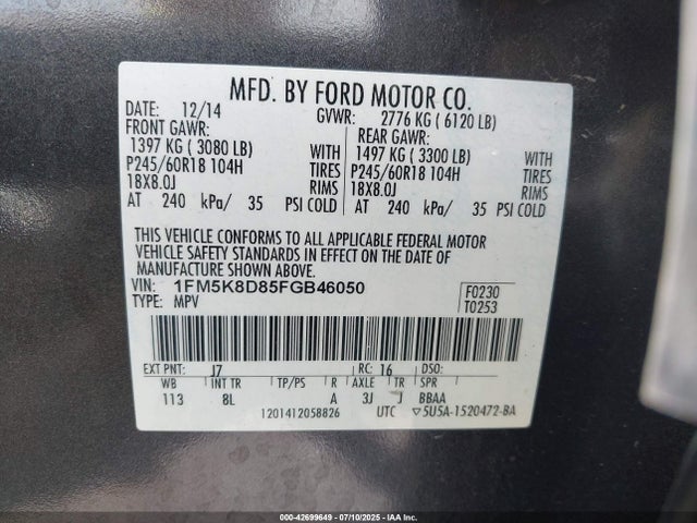 Aukcja sprzedaży 2015 Ford Explorer Xlt, vin: 1FM5K8D85FGB46050, numer aukcji: 42699649