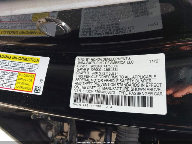 1HGCV1F36NA003073 Honda l15be