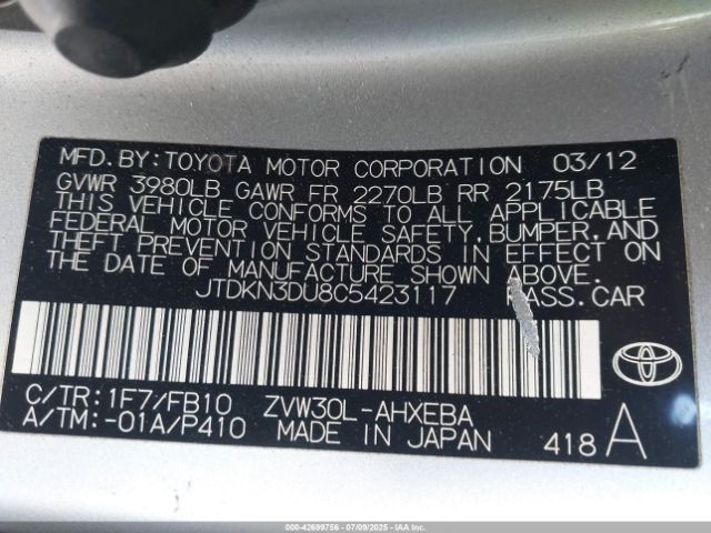 2012 TOYOTA PRIUS JTDKN3DU8C5423117 Photo 8