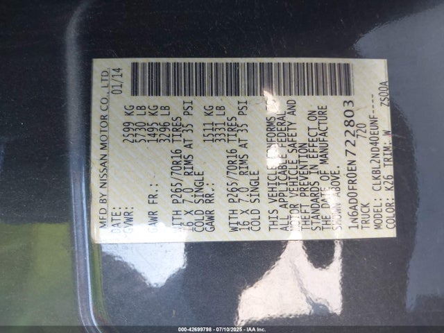 1N6AD0FR0EN722803 Nissan 2014