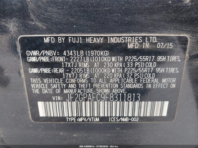 JF2GPAFC9F8311813 Subaru 2.0l naturally aapirated