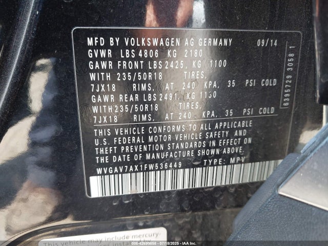 WVGAV7AX1FW536449 Volkswagen 2015