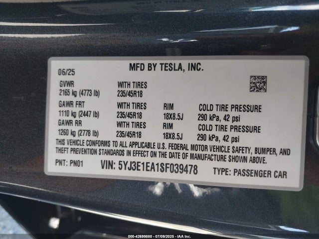 2025 TESLA MODEL 3 5YJ3E1EA1SF039478 Photo 8