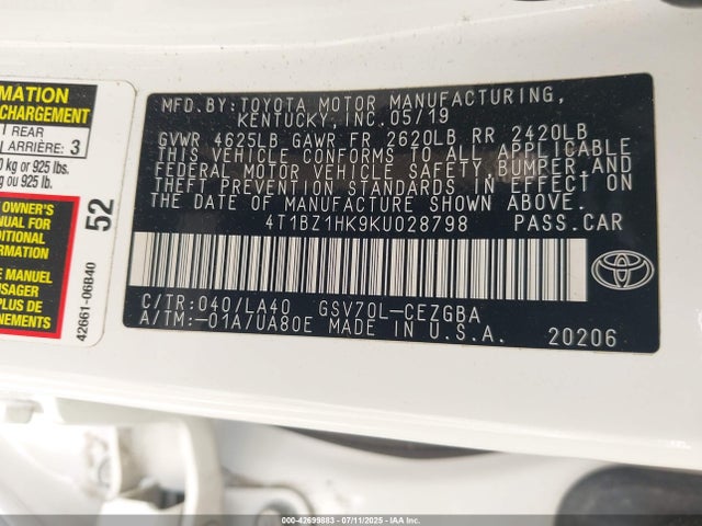 4T1BZ1HK9KU028798 Toyota 2gr-fks