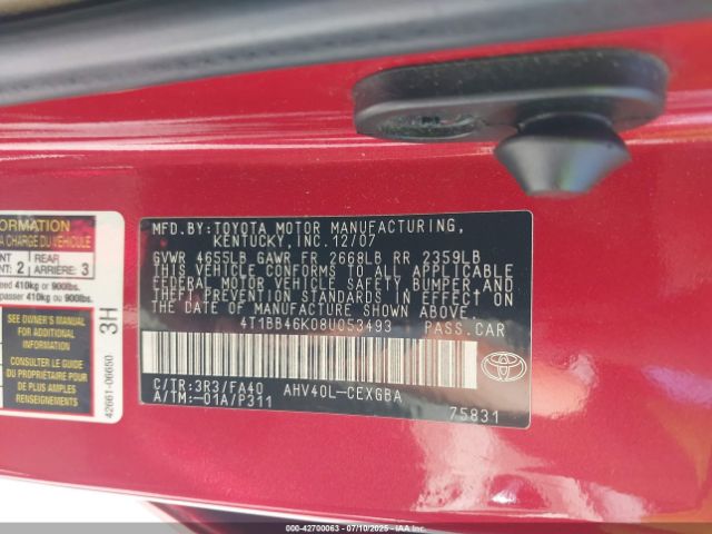 2008 TOYOTA CAMRY HYBRID 4T1BB46K08U053493 Photo 8