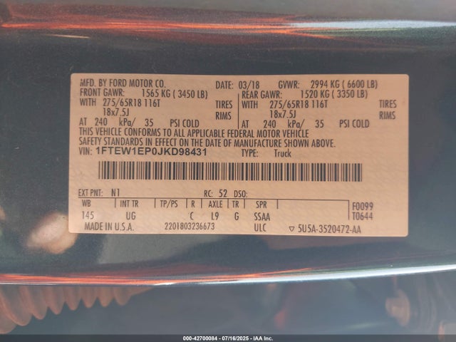 Ford 2.7l-4v 2018 1FTEW1EP0JKD98431 Image 9