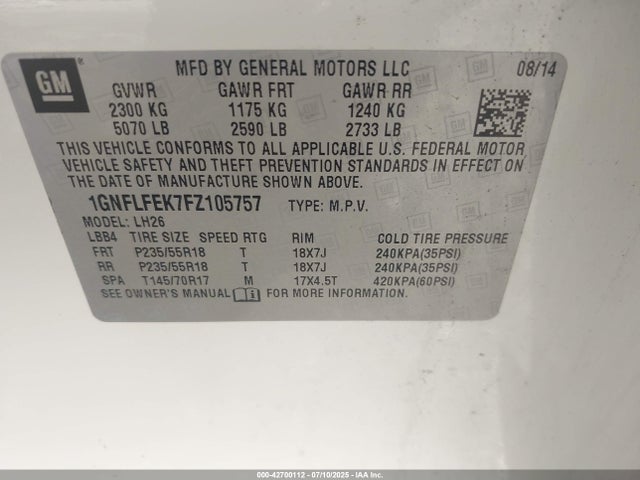 1GNFLFEK7FZ105757 Chevrolet lea - flex fuel (gas/alc), aluminum, ho,