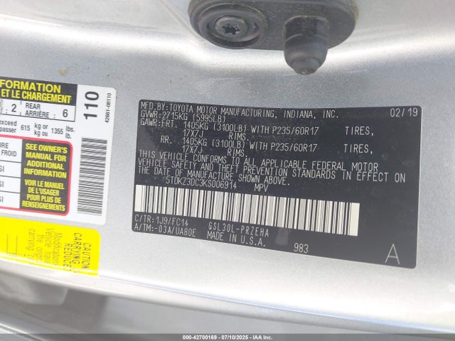 5TDKZ3DC3KS006914 Toyota 2gr-fks