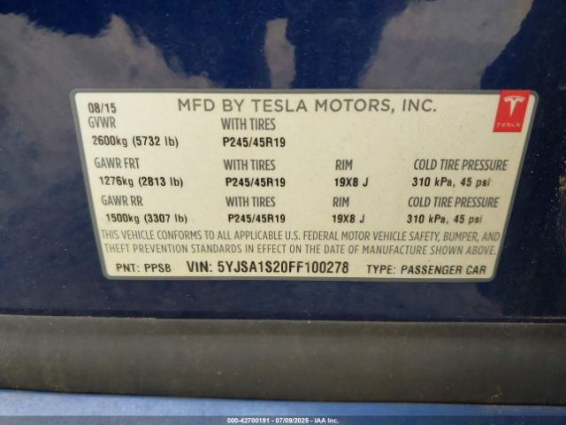 2015 TESLA MODEL S 5YJSA1S20FF100278 Photo 8