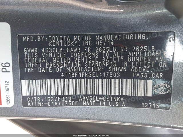 Toyota 2ar-fe 2014 4T1BF1FK3EU417503 Image 9