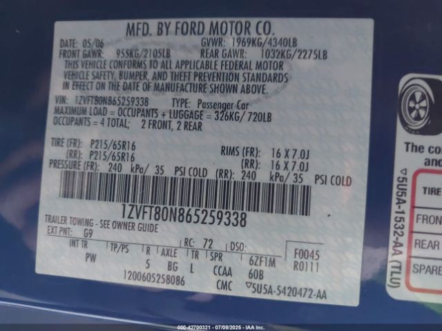 2006 FORD MUSTANG 1ZVFT80N865259338 Photo 8