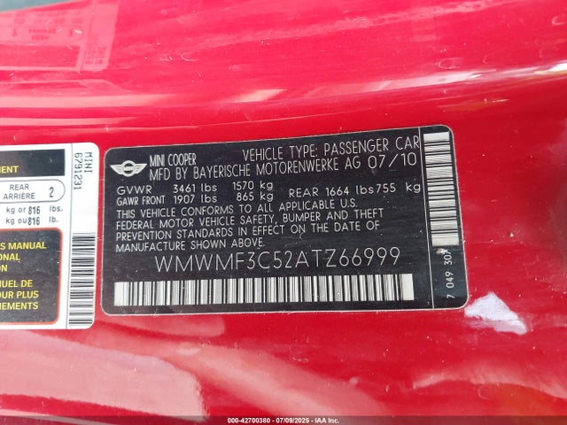 2010 MINI COOPER WMWMF3C52ATZ66999 Photo 8