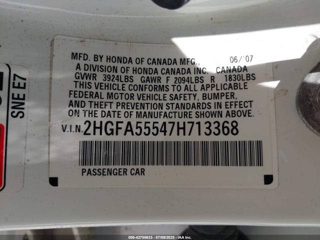 Aukcja sprzedaży 2007 Honda Civic Si, vin: 2HGFA55547H713368, numer aukcji: 42700633