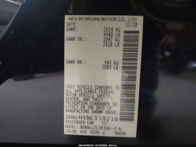 42700738 :رقم المزاد ، 1N4AL4FV3KC158216 vin ، 2019 Nissan Altima 2.0 Edition One مزاد بيع