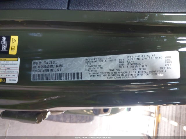 1C6HJTAG8NL114886 Jeep Gladiator