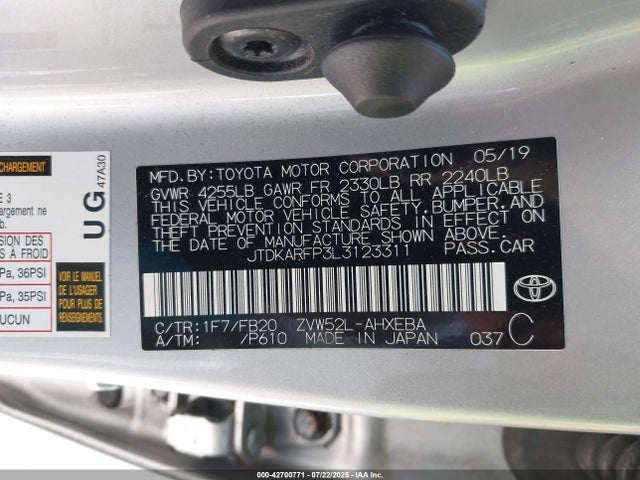 JTDKARFP3L3123311 Toyota 2zr-fxe+1nm+1sm