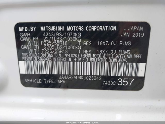 2019 MITSUBISHI OUTLANDER SPORT JA4AR3AU6KU023642 Photo 8