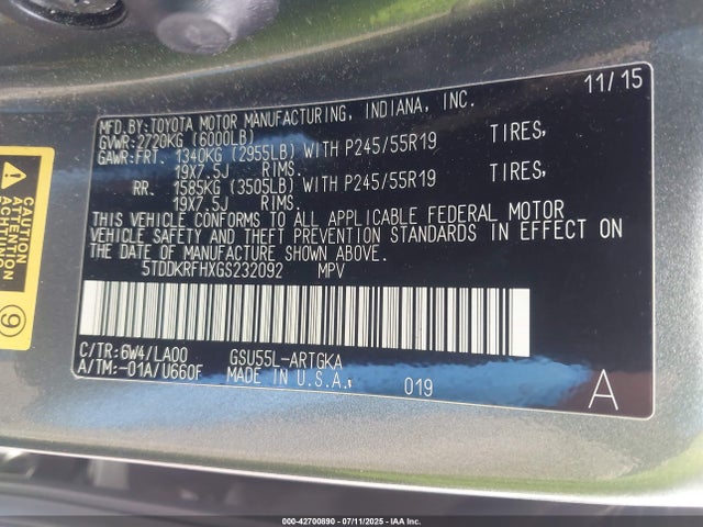 5TDDKRFHXGS232092 Toyota 2gr-fe