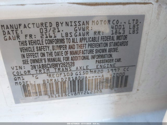 3N1AB8CV8MY262528 Nissan 2021